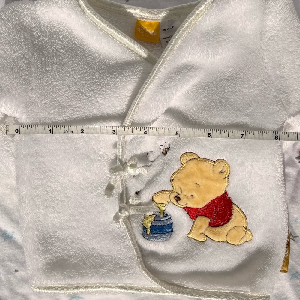 ⭒ NB Winnie the Pooh Disney Baby White Button Up Long Sleeve Fleece Bows Patch ⭒ - Picture 9 of 10